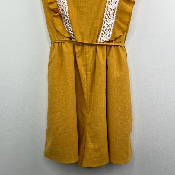 NWT Simplee Golden Yellow Crochet Lace Trim Romper - Tie Back - Linen - Medium - Picture 5 of 14